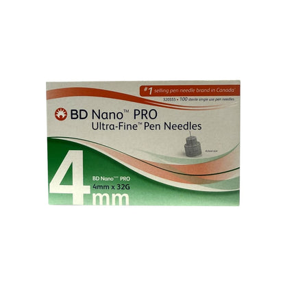 Product label for BD Nano PRO Ultra-Fine Insulin Pen Needles 4mm x 32G (100 count) in English