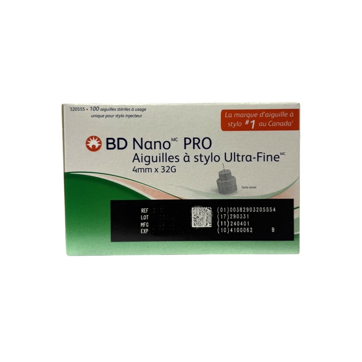 Product label for BD Nano PRO Ultra-Fine Insulin Pen Needles 4mm x 32G (100 count) in French