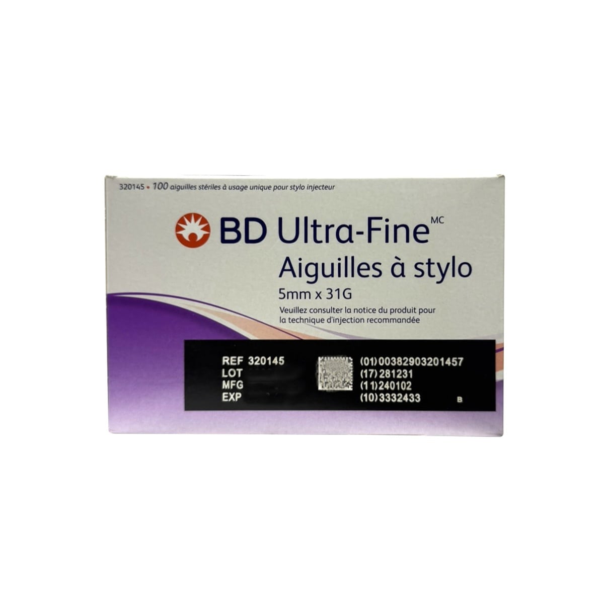 Product label for BD Ultra-Fine Insulin Pen Needles 5mm x 31G (100 count) in French
