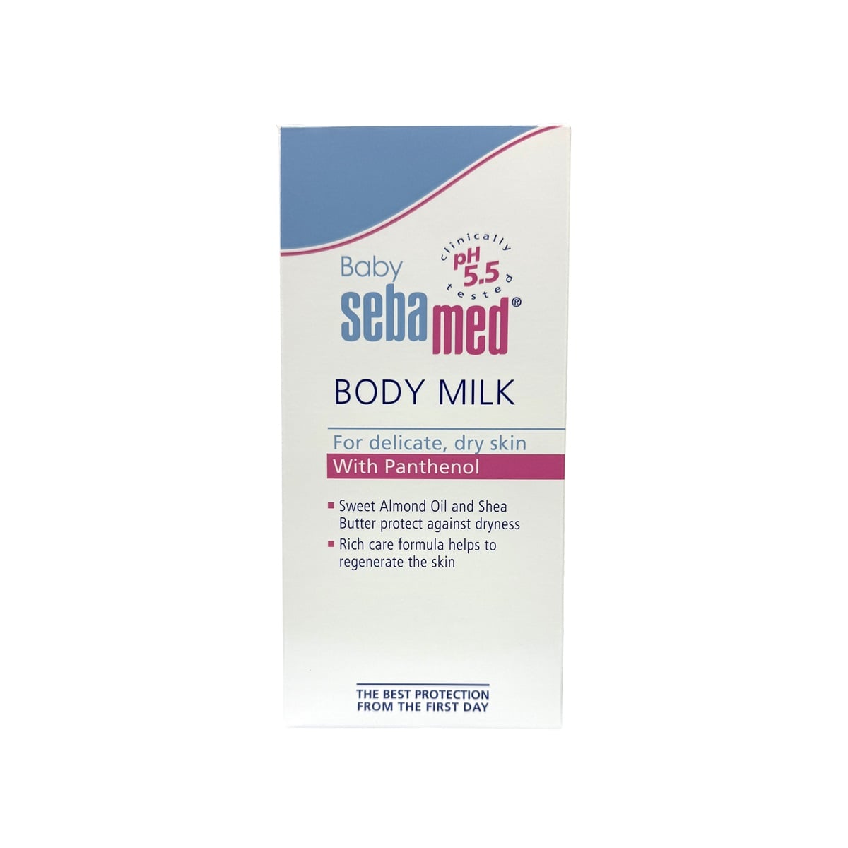 Product label for Baby Sebamed Body Milk (200 mL) in English