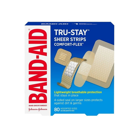 Product label for Band-Aid Assorted Sheer Strips (80 bandages) in English