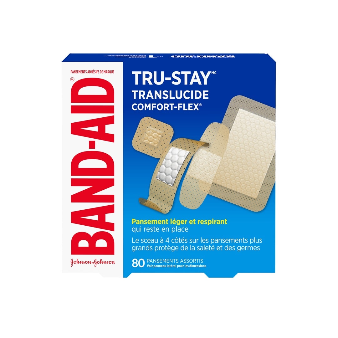 Product label for Band-Aid Assorted Sheer Strips (80 bandages) in French
