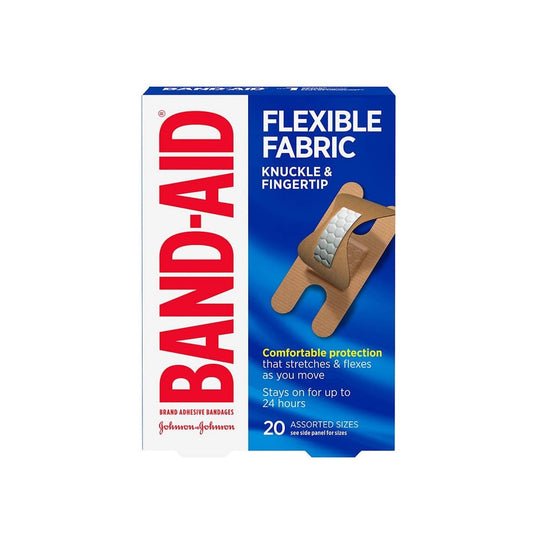Product label for Band-Aid Flexible Fabric Knuckle & Fingertip (20 bandages) in English