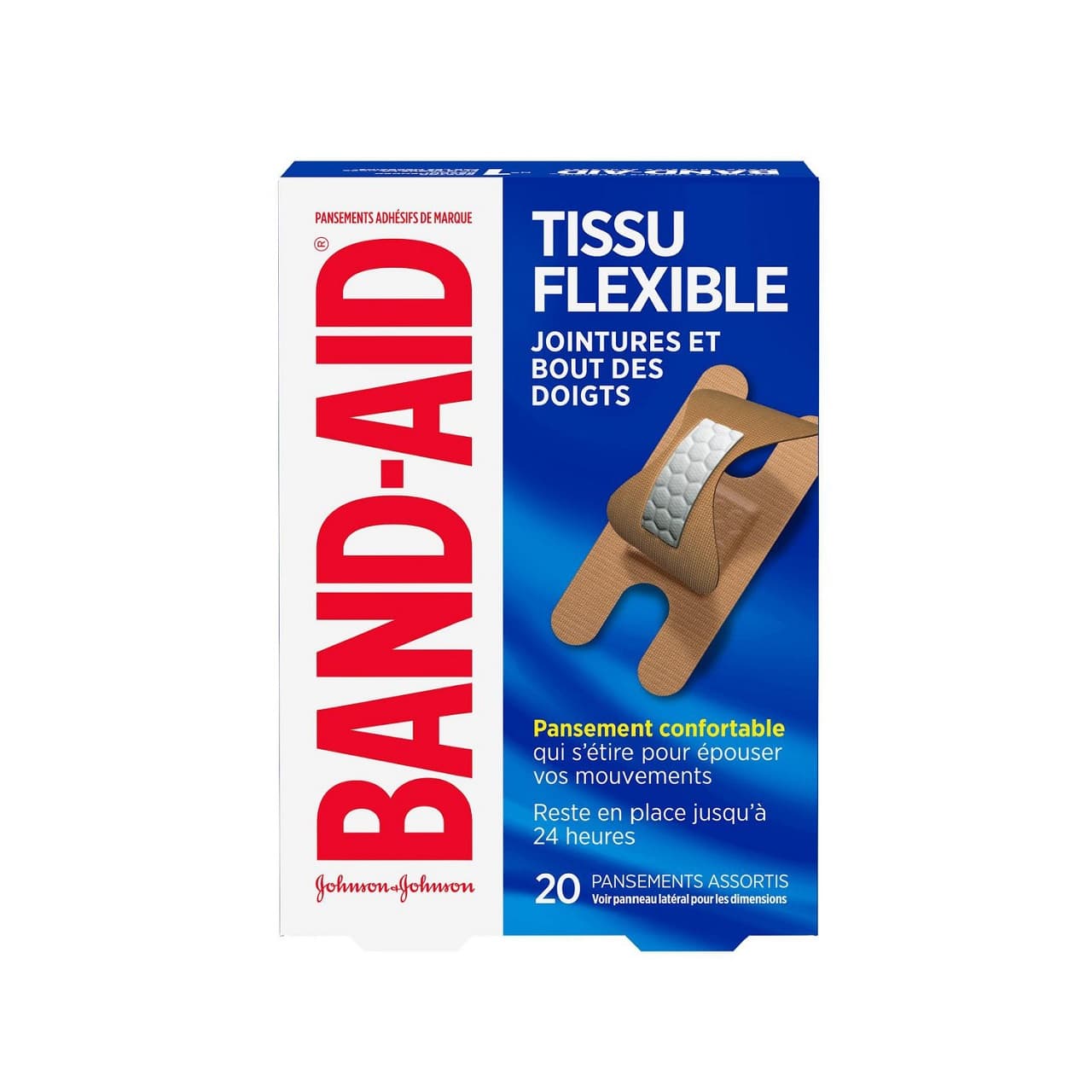 Product label for Band-Aid Flexible Fabric Knuckle & Fingertip (20 bandages) in French