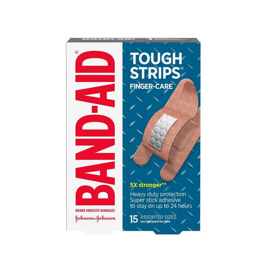 Product label for Band-Aid Tough Strips for Finger-Care (15 bandages) in English