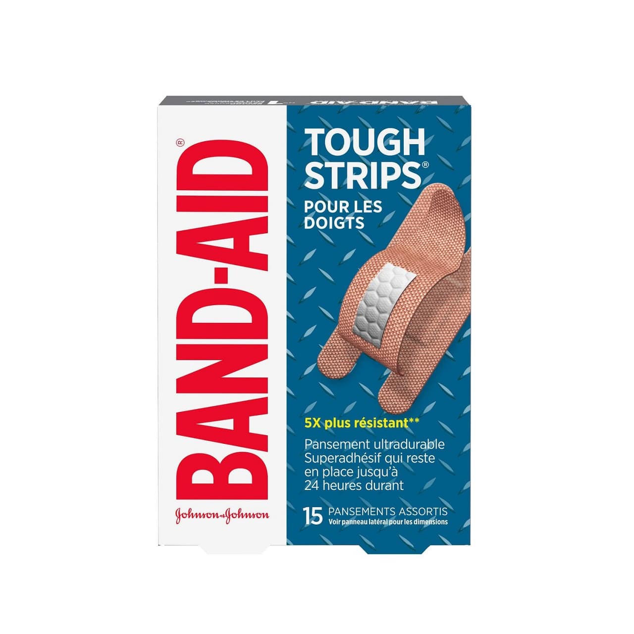 Product label for Band-Aid Tough Strips for Finger-Care (15 bandages) in French