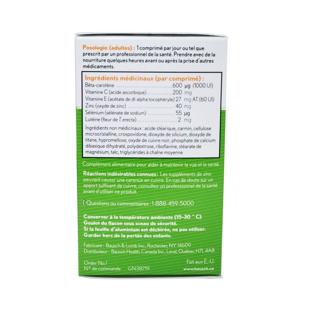 Dose, ingredients, uses, adverse effects for Bausch & Lomb Ocuvite Regular (60 tablets) in French