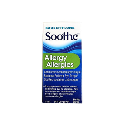 Product label for Bausch & Lomb Soothe Allergy Decongestant Eye Drops (15mL)
