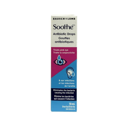 Product label for Bausch & Lomb Soothe Antibiotic Eye Drops (10 mL)