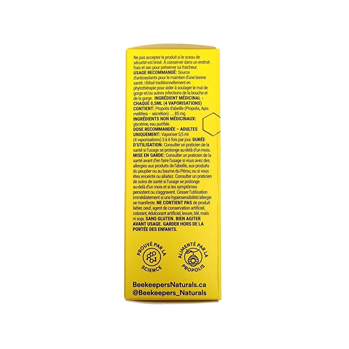 Uses, Ingredients, Dose, Cautions for Beekeeper's Naturals Propolis Throat Spray (30 mL) in French