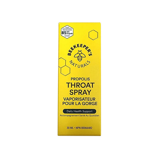 Product label for Beekeeper's Naturals Propolis Throat Spray (30 mL)