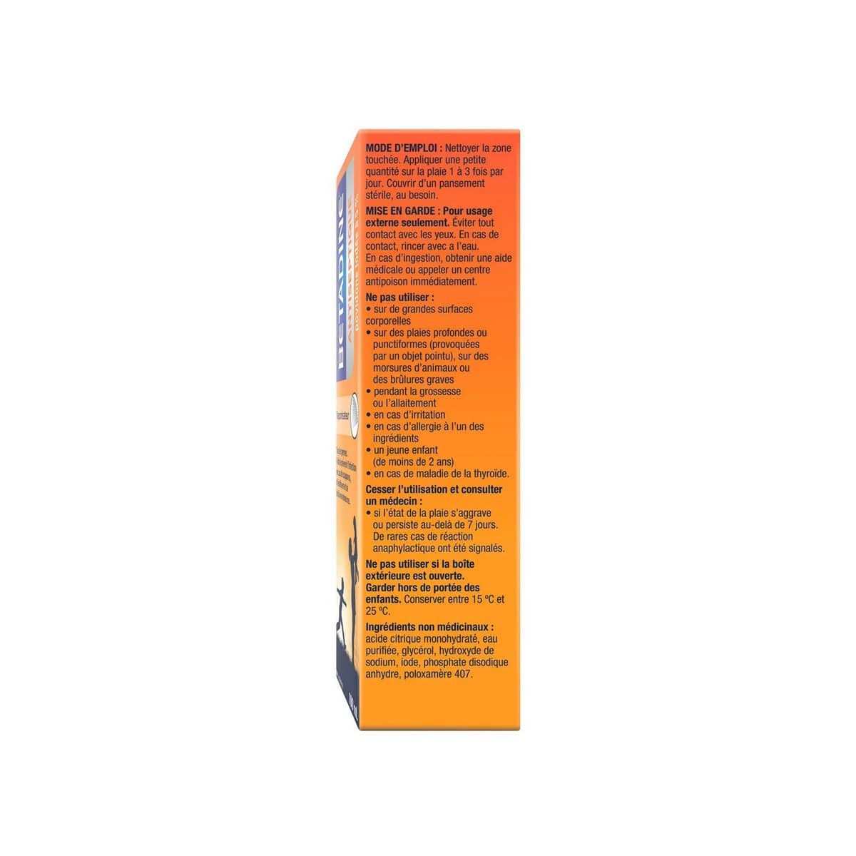 Directions, Ingredients, Warnigns for Betadine 5% Antiseptic Spray (100 mL) in French