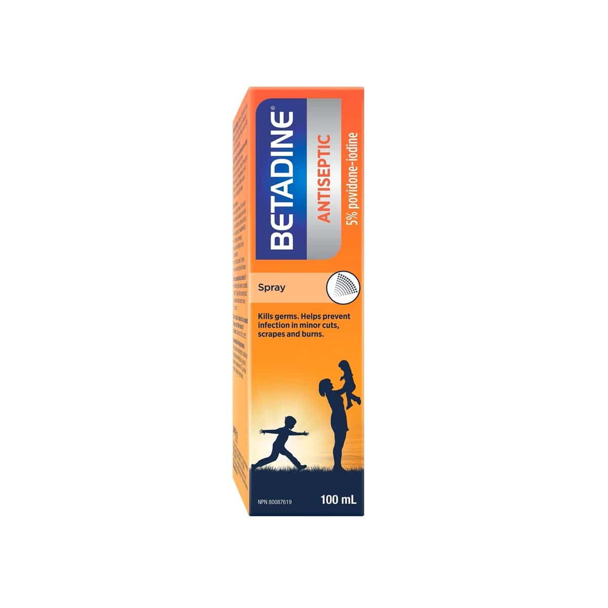 Product label for Betadine 5% Antiseptic Spray (100 mL) in English