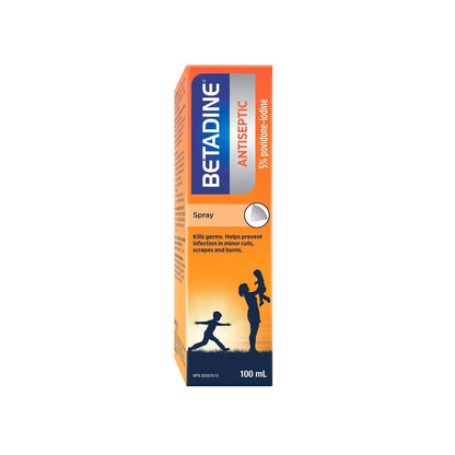 Product label for Betadine 5% Antiseptic Spray (100 mL) in English