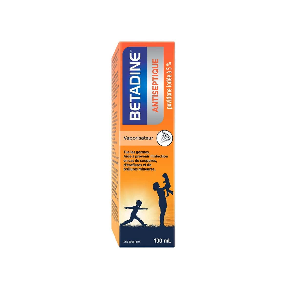 Product label for Betadine 5% Antiseptic Spray (100 mL) in French