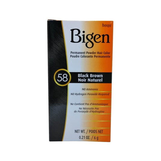 Product label for Bigen Permanent Powder Hair Colour #58 Black Brown (6 grams)