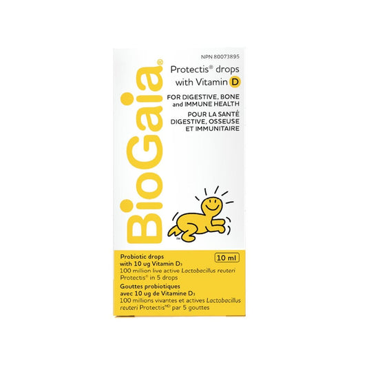 Product label for BioGaia Probiotic Drops with Vitamin D3 (10 mL)