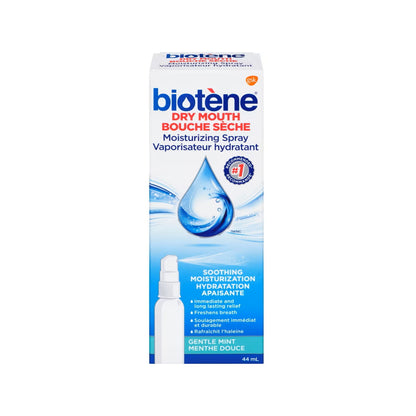 Product label for Biotene Dry Mouth Moisturizing Spray (44 mL)