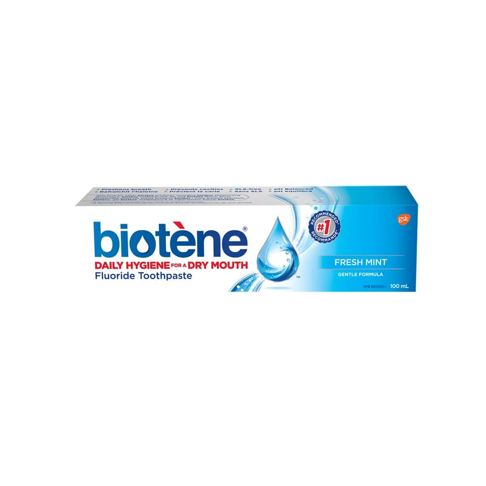 Product label for Biotene Dry Mouth Toothpaste (100 mL)