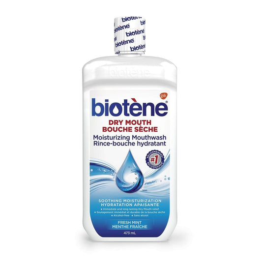 Product label for Biotene Dry Mouth Oral Rinse Fresh Mint Flavour (473 mL)