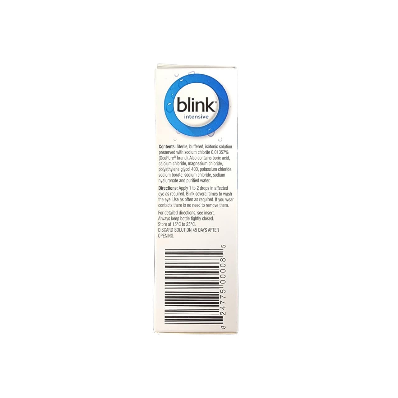 Ingredients and directions for Blink Intensive Lubricant Eye Drops Moderate-Severe for Dry Eye (10 mL) in English