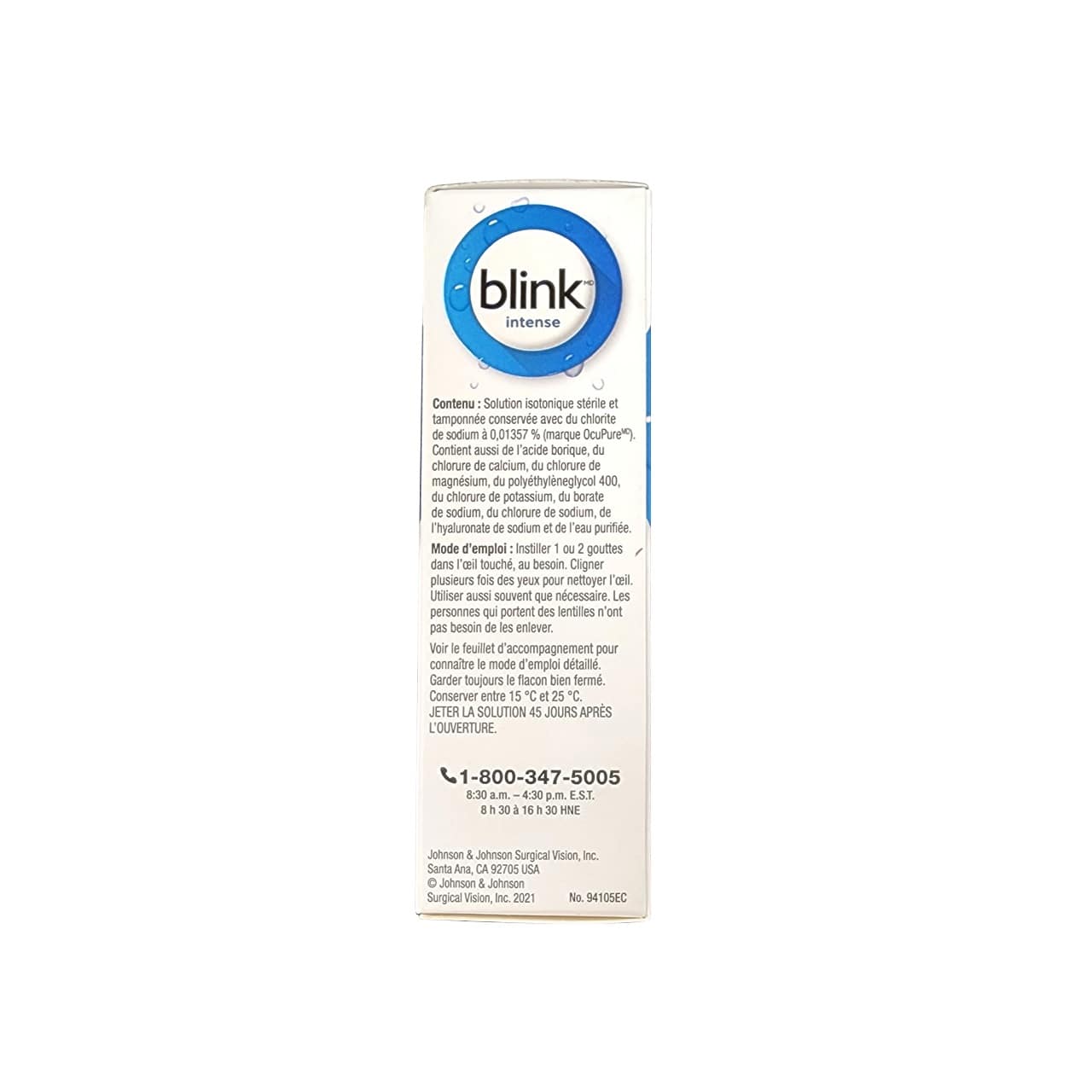 Ingredients and directions for Blink Intensive Lubricant Eye Drops Moderate-Severe for Dry Eye (10 mL) in French