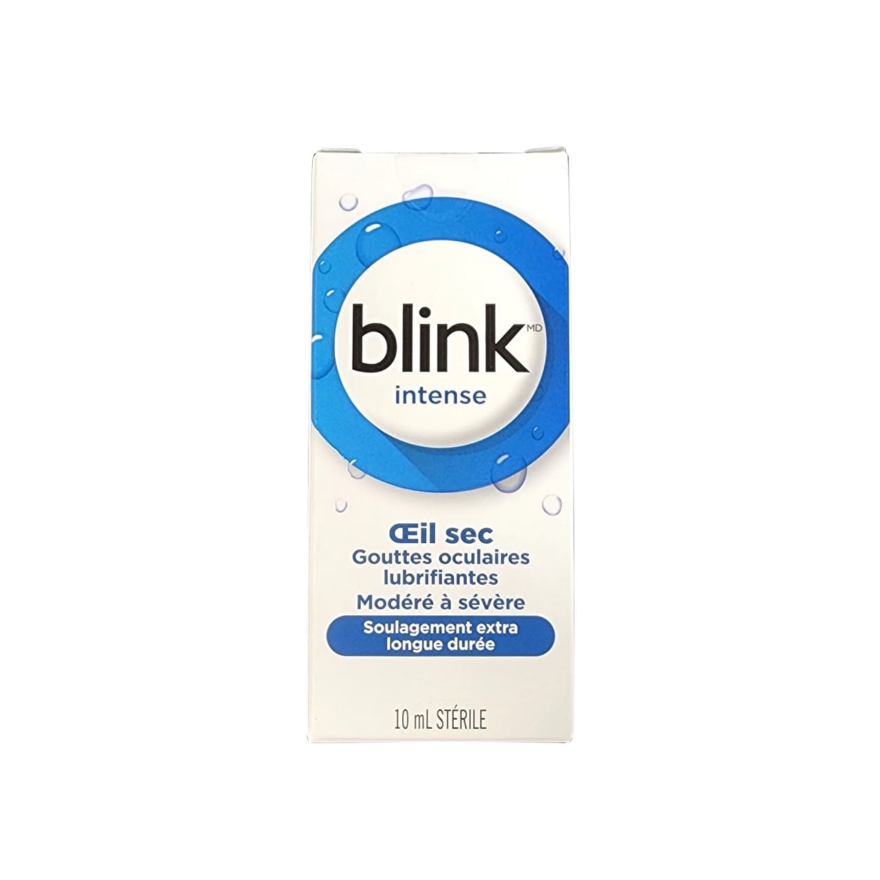 Product label for Blink Intensive Lubricant Eye Drops Moderate-Severe for Dry Eye (10 mL) in French