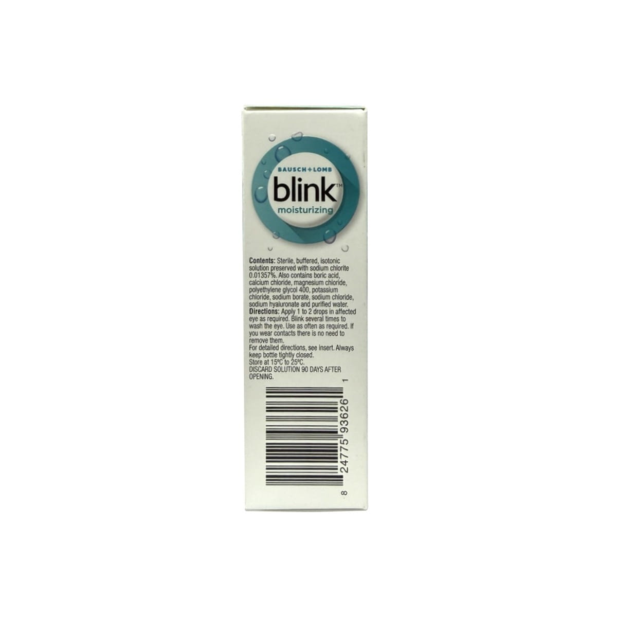 Contents and directions for Blink Moisturizing Lubricant Eye Drops Mild-Moderate for Dry Eyes (10 mL) in English