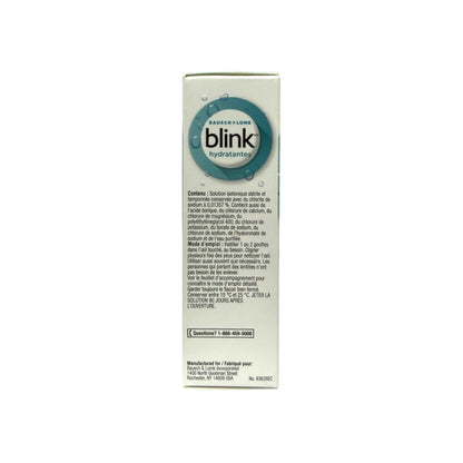 Contents and directions for Blink Moisturizing Lubricant Eye Drops Mild-Moderate for Dry Eyes (10 mL) in French