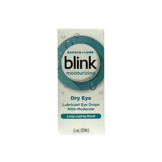 Product label for Blink Moisturizing Lubricant Eye Drops Mild-Moderate for Dry Eyes (10 mL) in English