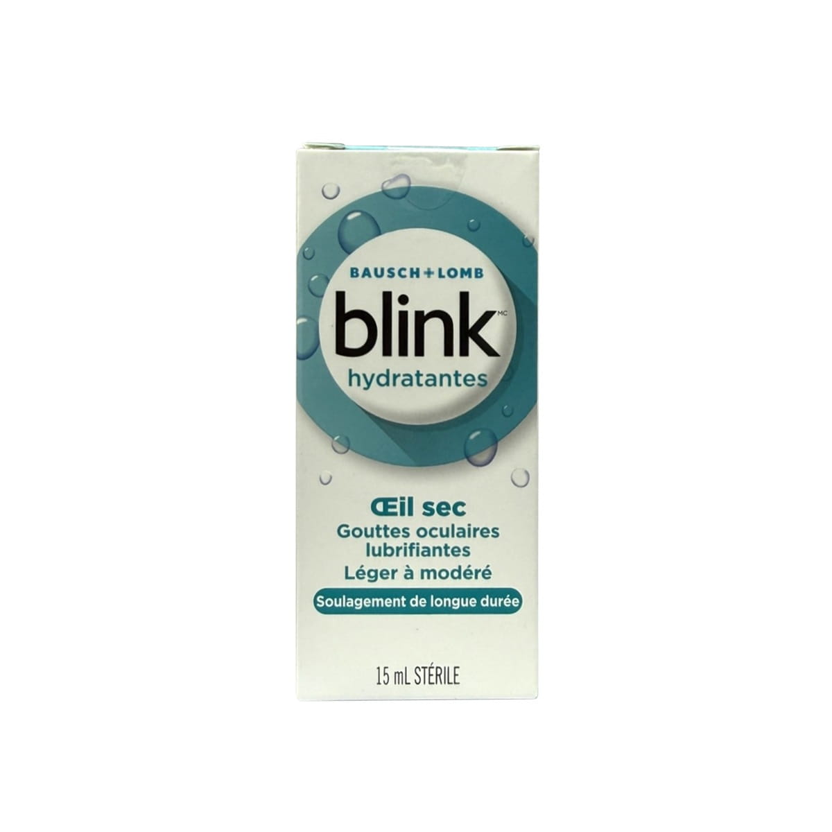 Product label for Blink Moisturizing Lubricant Eye Drops Mild-Moderate for Dry Eyes (10 mL) in French
