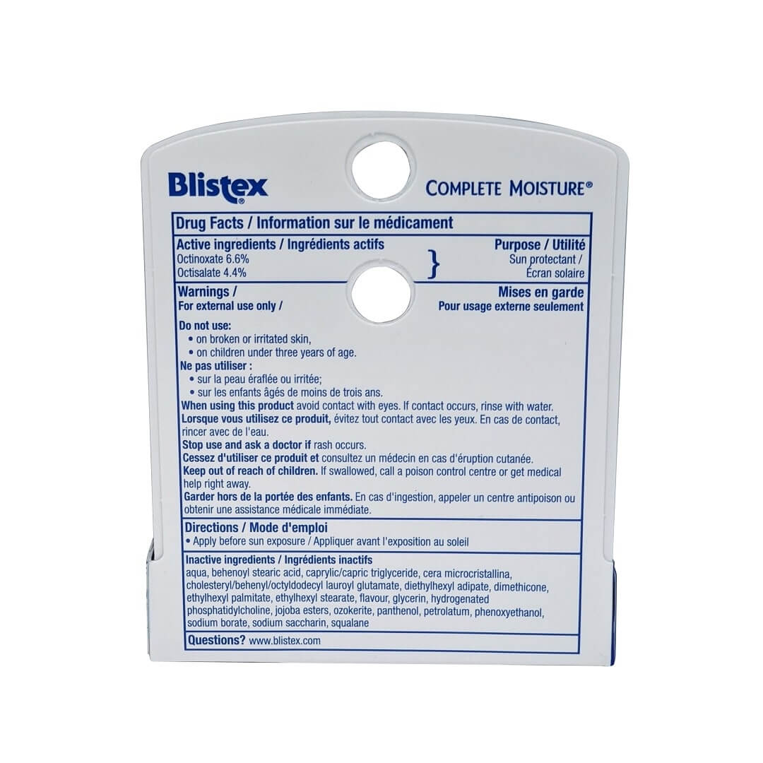 Ingredients, warnings, and directions for Blistex Complete Moisture Lip Balm SPF 15 (4.25 grams)