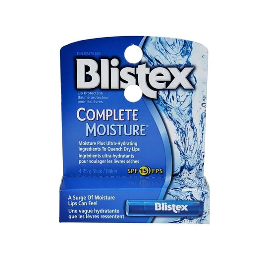 Product label for Blistex Complete Moisture Lip Balm SPF 15 (4.25 grams)