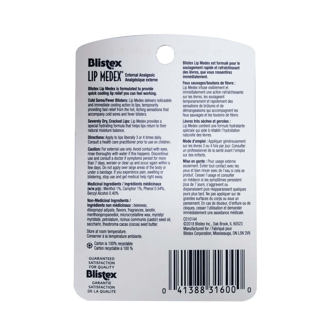 Description, indications, directions, cautions, ingredients for Blistex Lip Medex (7 grams)