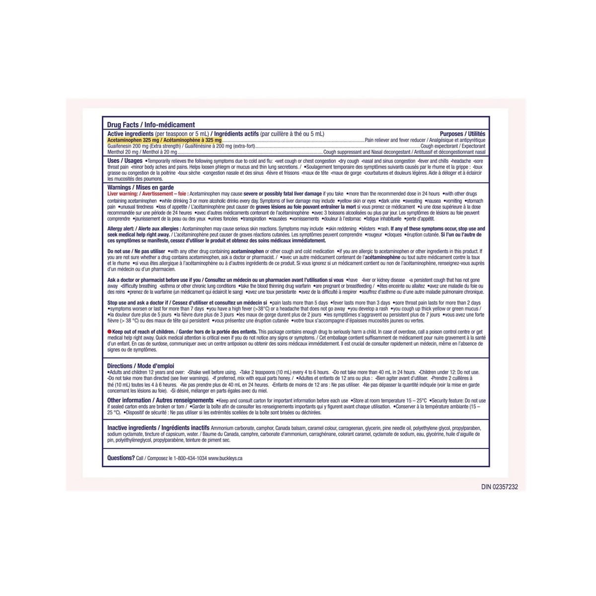 Product info for Buckley's Complete Syrup with Extra Strength Mucus Relief (250 mL)