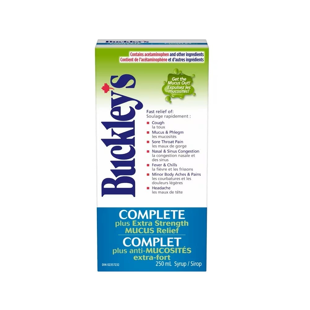 Product label for Buckley's Complete Syrup with Extra Strength Mucus Relief (250 mL)