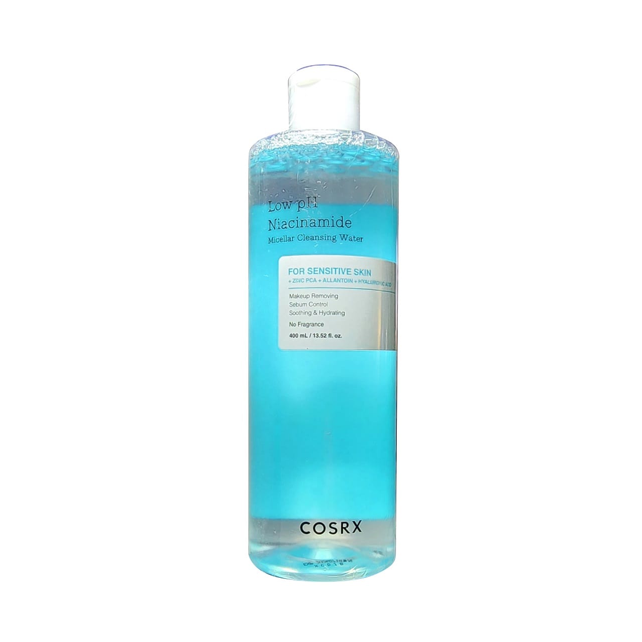 Product label for COSRX Low pH Niacinamide Miceller Cleansing Water (400 mL)