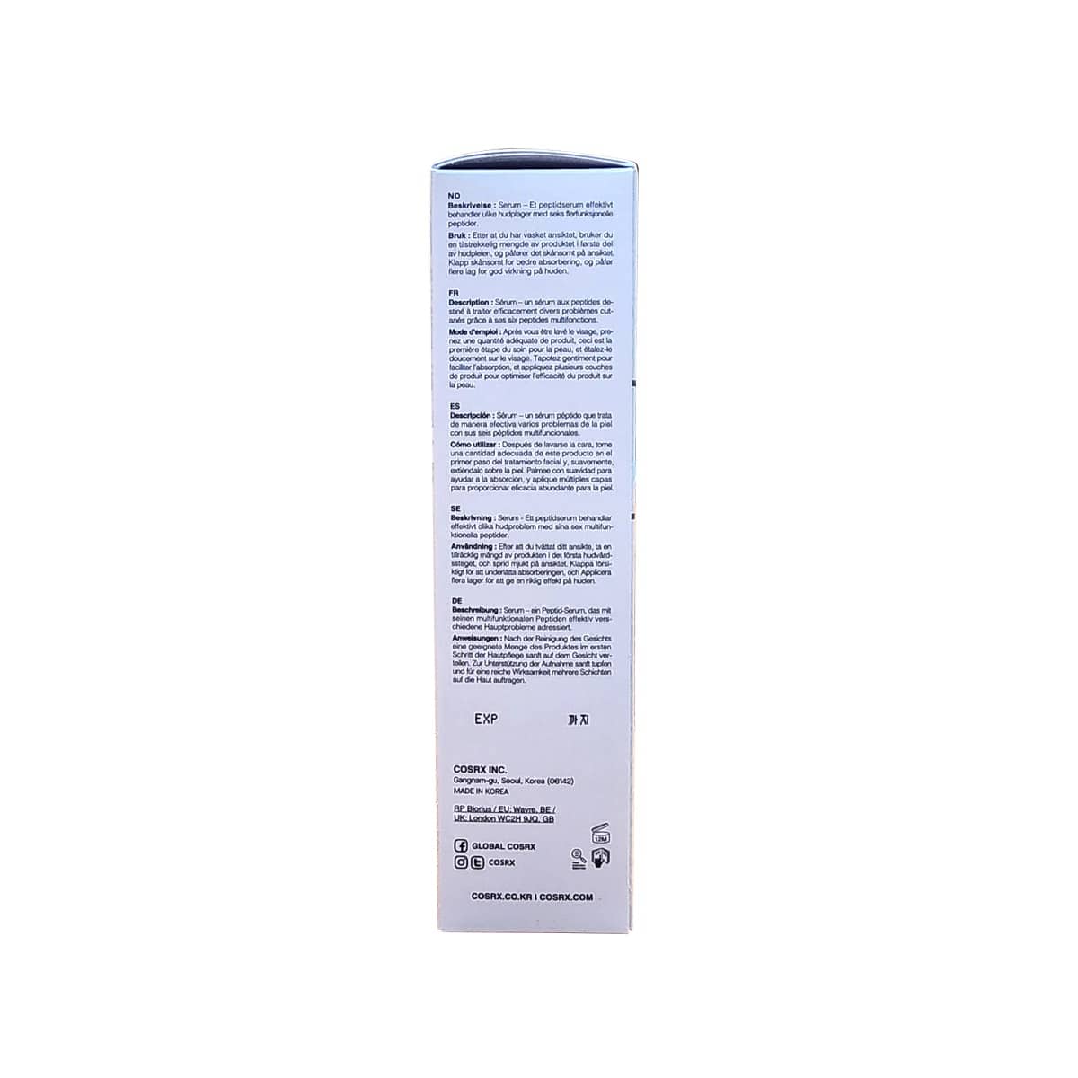 Description and directions for COSRX The 6 Peptide Skin Booster Serum (150 mL)