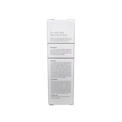 Description, directions, cautions, and ingredients for COSRX The AHA BHA PHA LHA 35 Peel (30 mL) in English