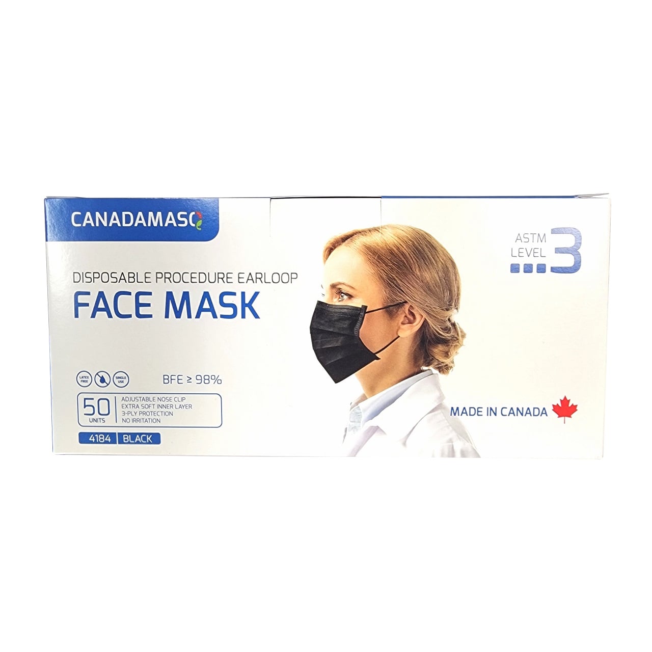 Product label for CANADAMASQ Disposable Medical Masks (ASTM Level 3) Black (50 count) in English