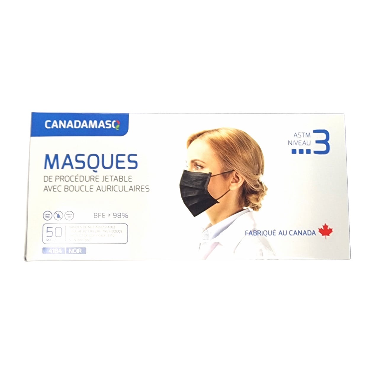 Product label for CANADAMASQ Disposable Medical Masks (ASTM Level 3) Black (50 count) in French