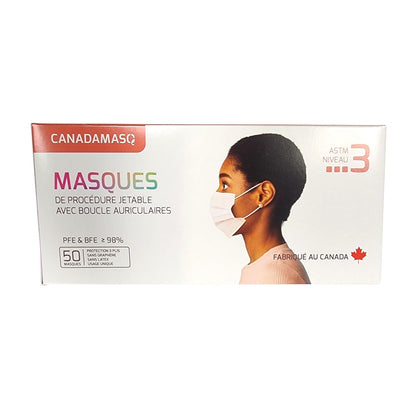 Product label for CANADAMASQ Disposable Medical Masks (ASTM Level 3) Pink (50 count) in French