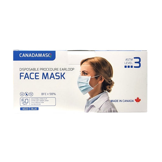 Product label for Copy of CANADAMASQ Disposable Medical Masks (ASTM Level 3) Blue (50 count) in English