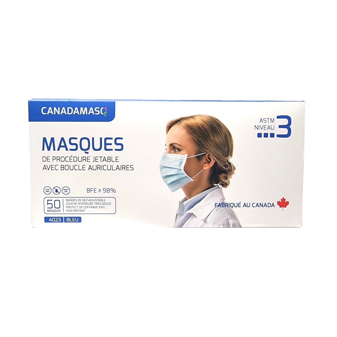 Product label for Copy of CANADAMASQ Disposable Medical Masks (ASTM Level 3) Blue (50 count) in French