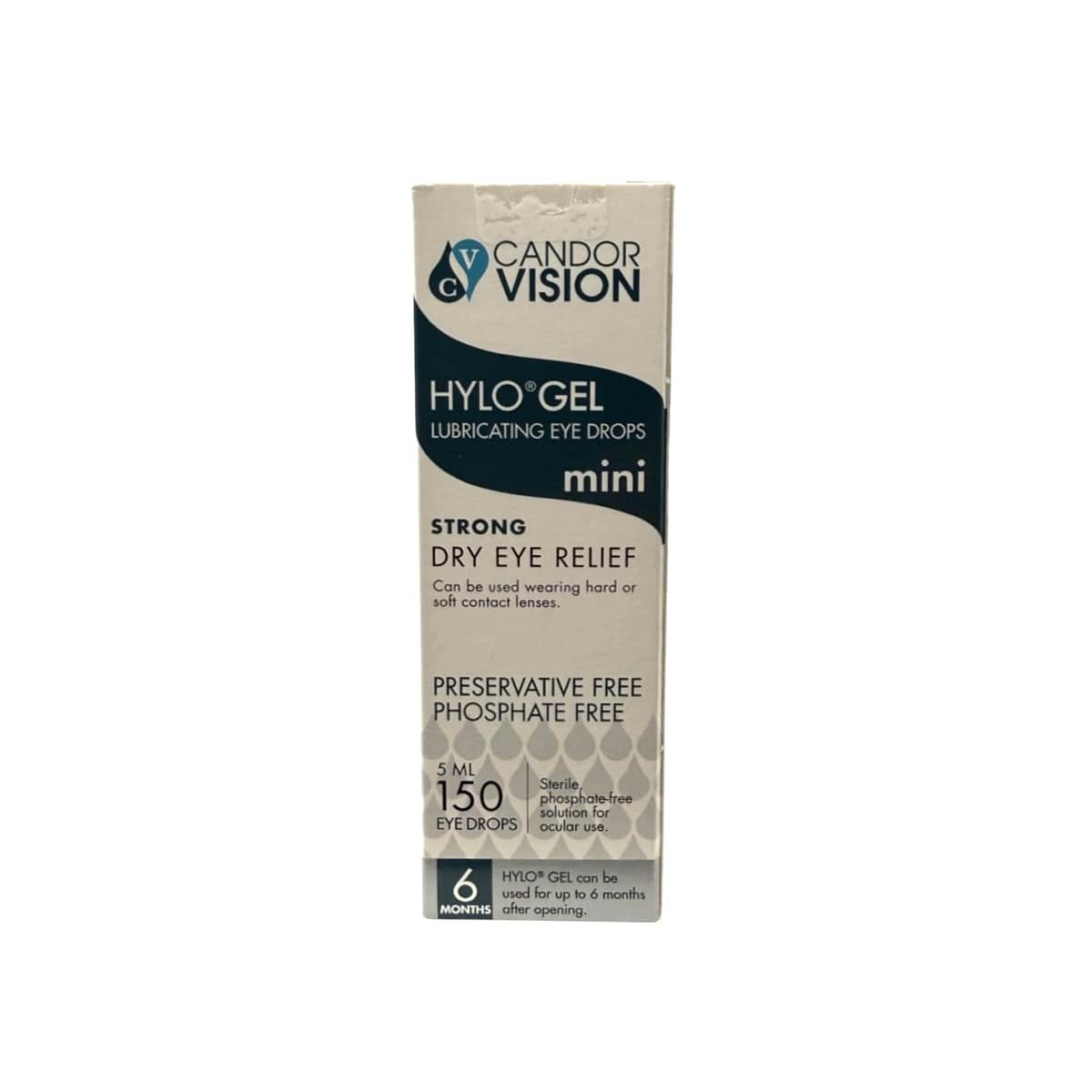 Product label for CandorVision Hylo Lubricating Eye Drops Gel Mini (5 mL) in English