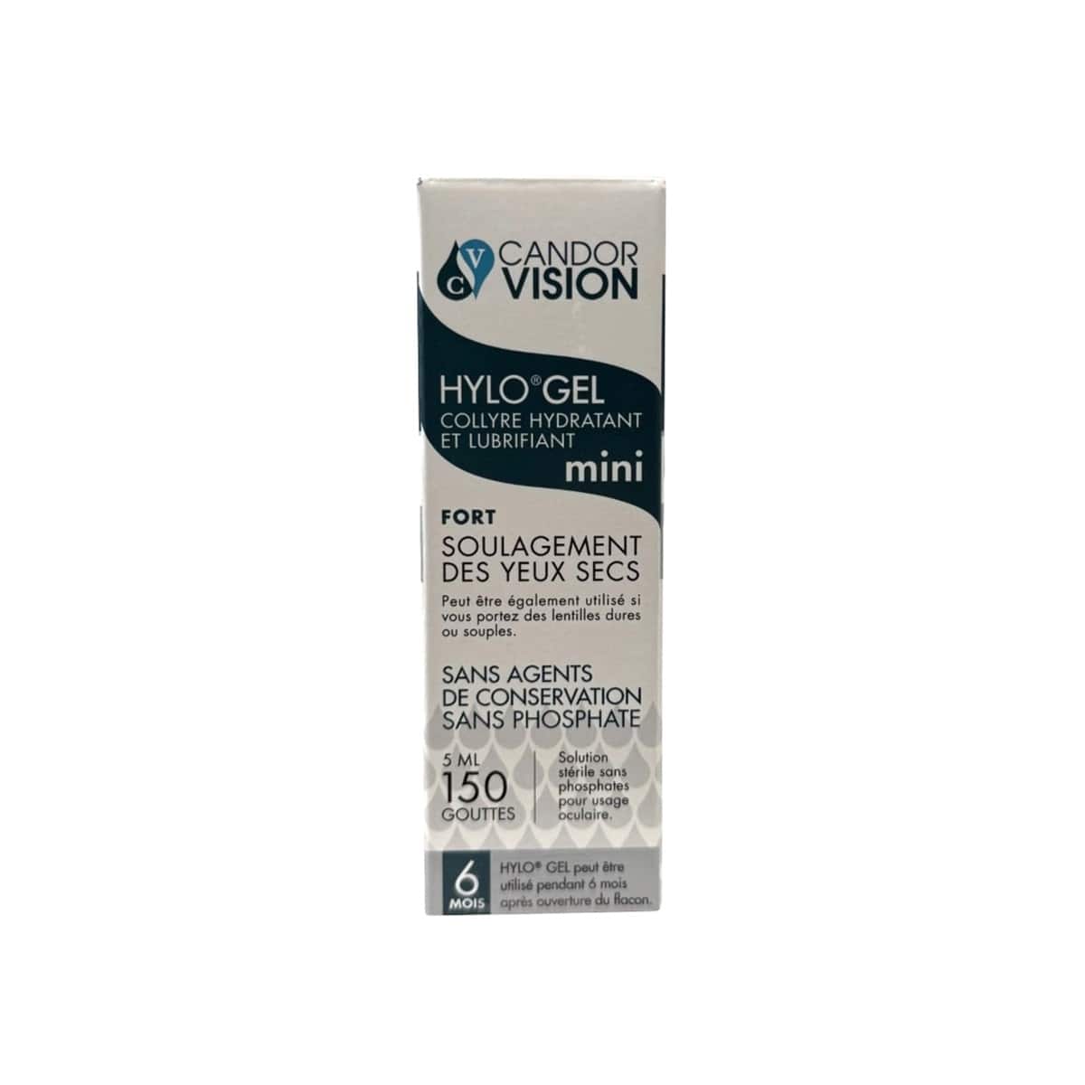 Product label for CandorVision Hylo Lubricating Eye Drops Gel Mini (5 mL) in French