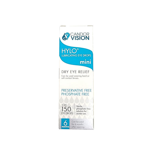 Product label for CandorVision Hylo Lubricating Eye Drops mini (5 mL) in English