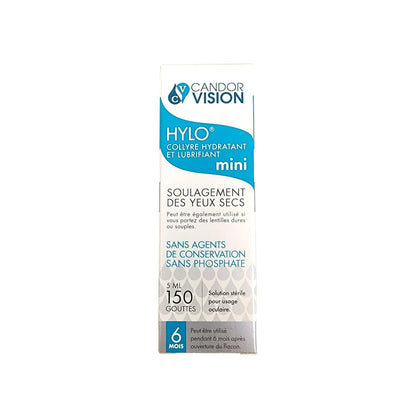 Product label for CandorVision Hylo Lubricating Eye Drops mini (5 mL) in French