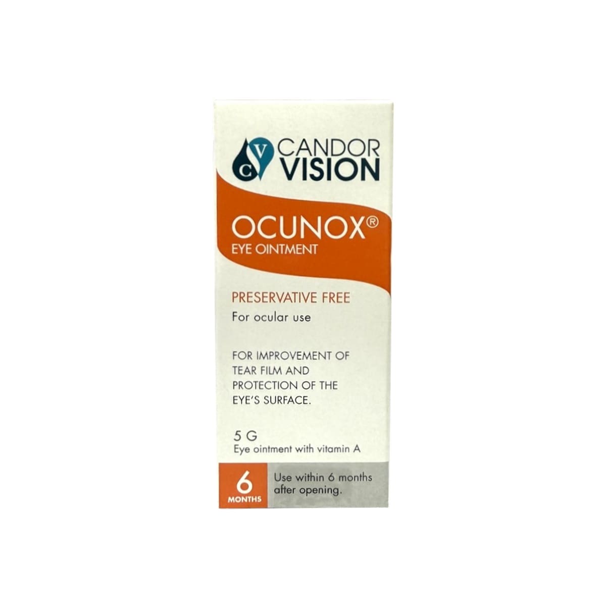 Product label for CandorVision Ocunox Eye Ointment (5 grams) in English