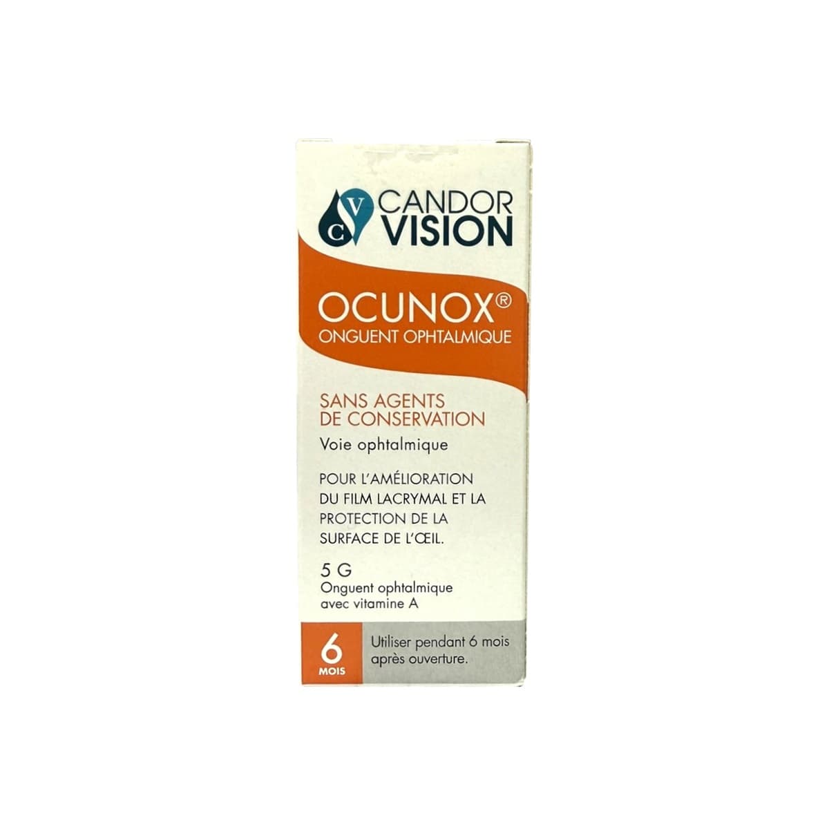 Product label for CandorVision Ocunox Eye Ointment (5 grams) in French